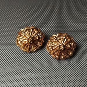 St John round gold medallion clip earrings